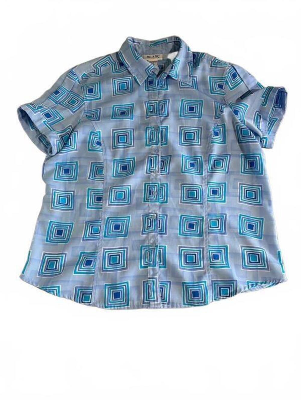 Blair Short Sleeve Button-Up Shirt with Blue Geometric Square Pattern
